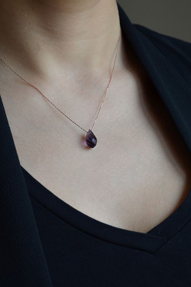 925 Ayar Gümüş Rose Zincirli Mor Kristal Ametist Kolye - N113401 - 2