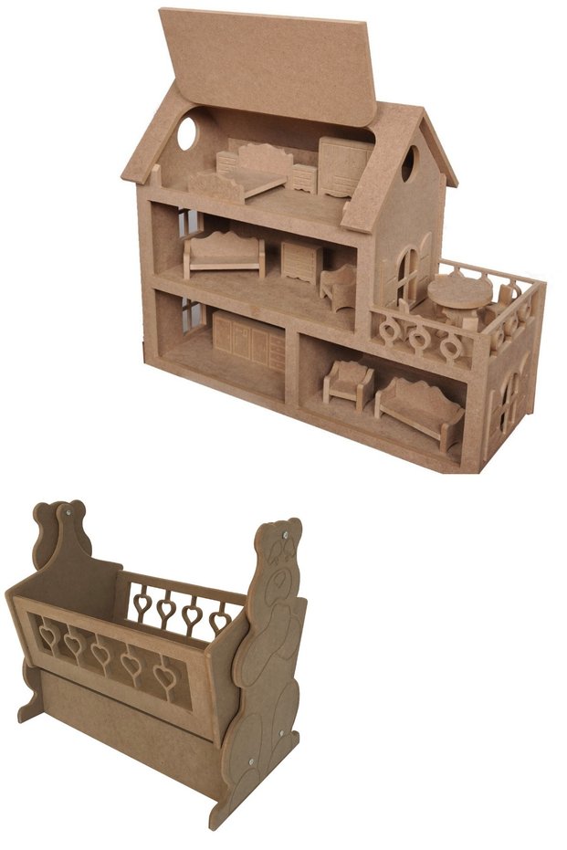 Wooden Baby House with Roof (15 Pieces with Furniture) and Wooden Crib