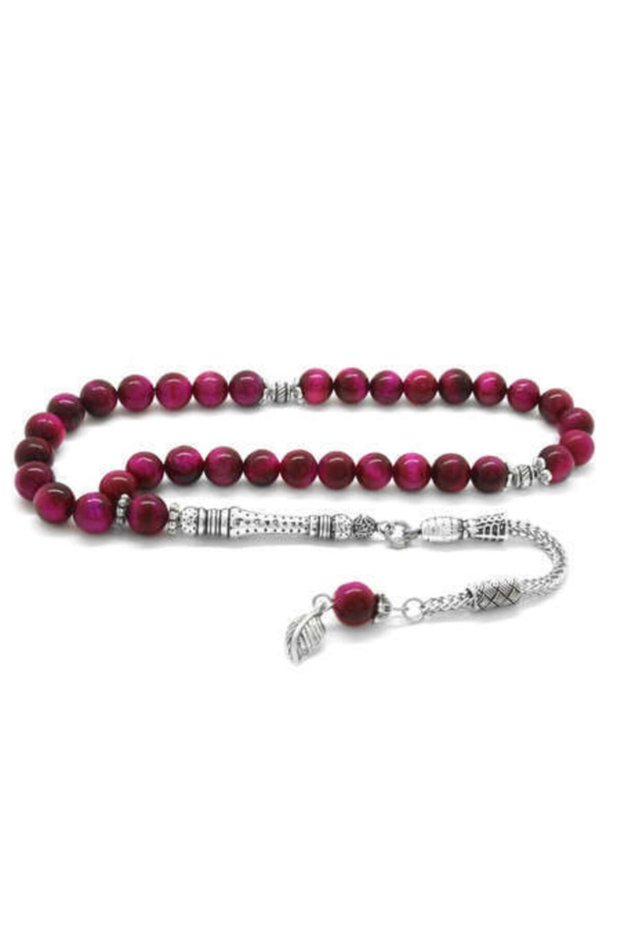 Non-Tarnish Metal Tasseled Globe Cut Fuchsia Color Turtle Eye Natural Stone Rosary