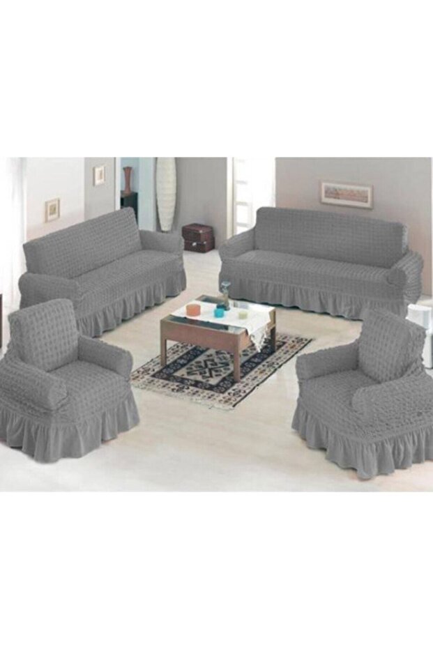 Grey Color Wrapped Cotton Sofa Couch Cover Set with Elastic Skirt4 Pieces Case