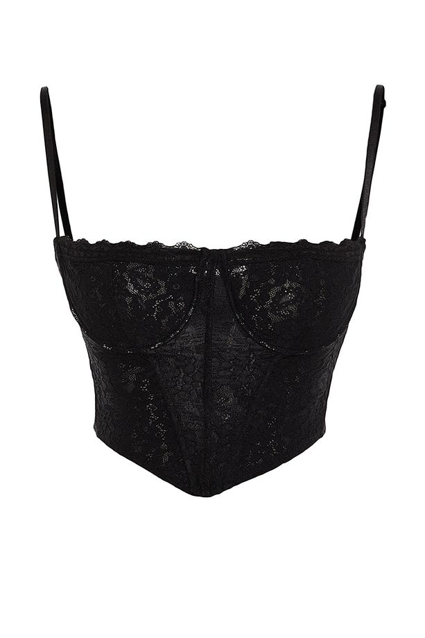Siyah Crop Astarlı Korse Detaylı Agraflı Örme Dantel Büstiyer TPRAW23BS00062 - 8