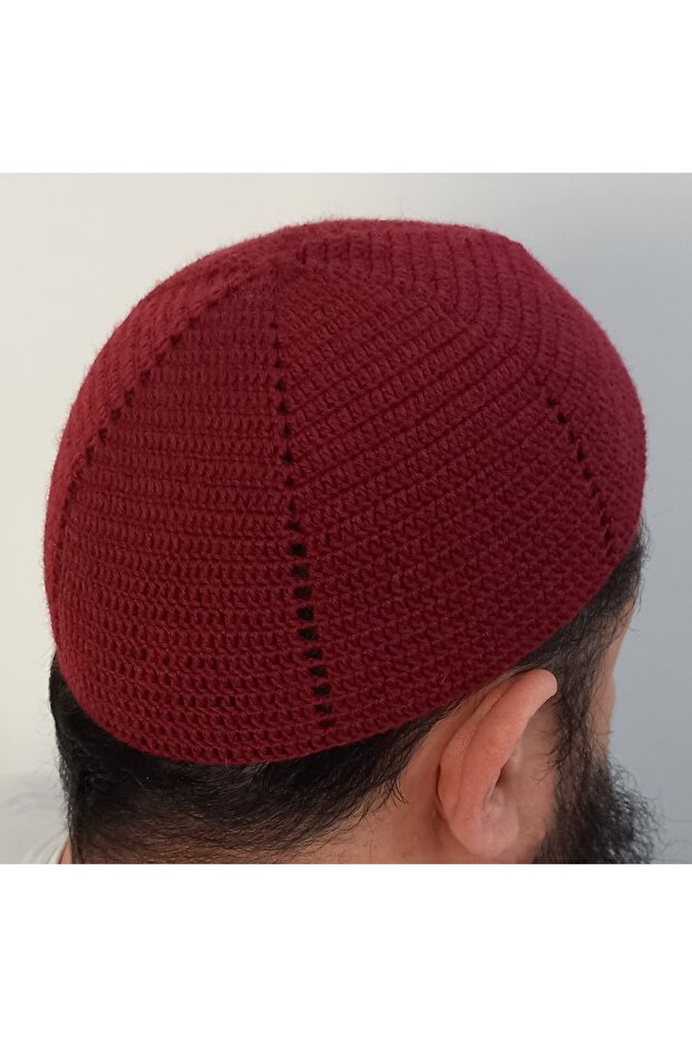 Burgundy Wool Skullcap, Handmade Hand Knitted, One Hundred Percent Sheep Wool, Prayer Skullcap 03Woolburgundy