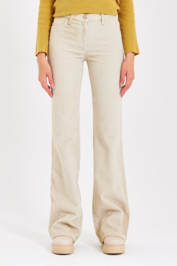 Ekru Flare Paça Kalın Fitilli Kadife Pantolon - 2