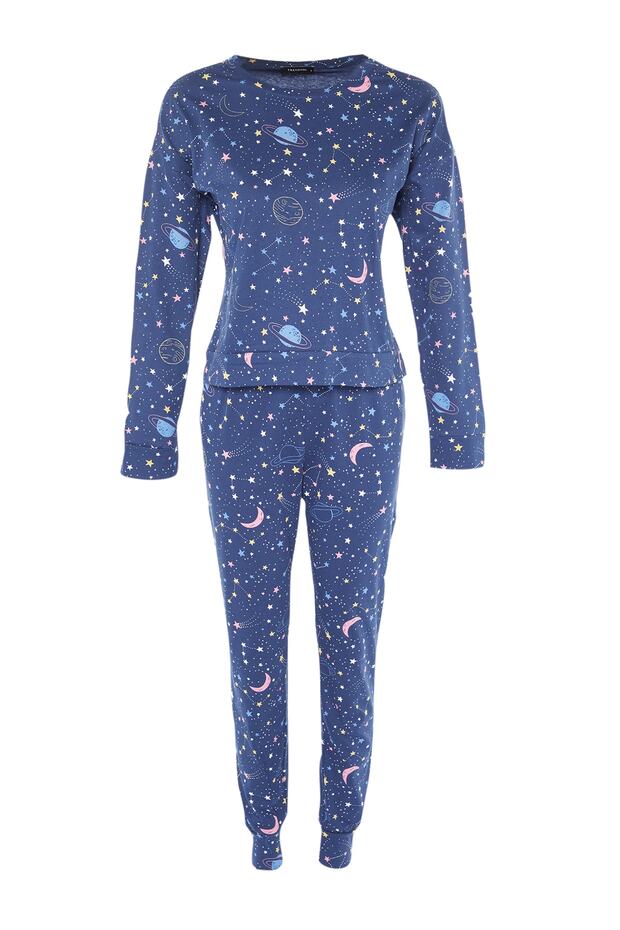 Lacivert %100 Pamuklu Galaksi Desenli Örme Pijama Takımı THMAW21PT0794 - 7