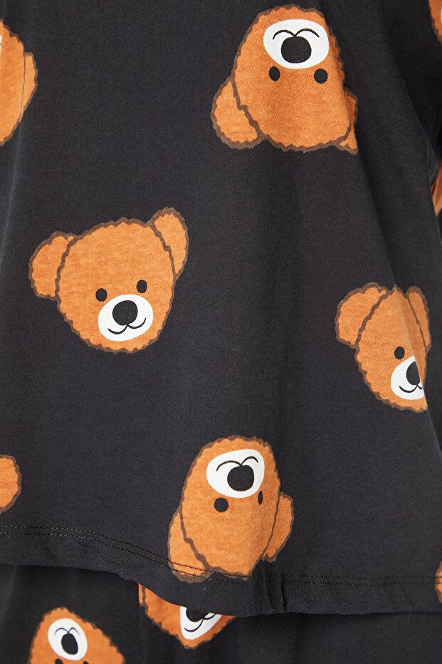 Kadın Couple/Çift Siyah %100 Pamuklu Ayıcıklı Örme Pijama Takımı THMSS21PT0195 - 8