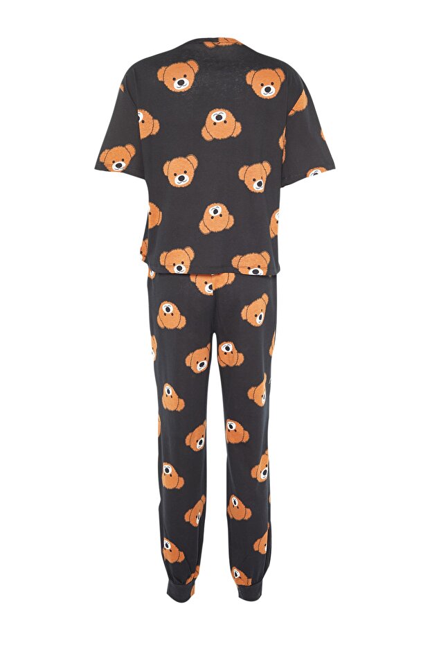 Kadın Couple/Çift Siyah %100 Pamuklu Ayıcıklı Örme Pijama Takımı THMSS21PT0195 - 9