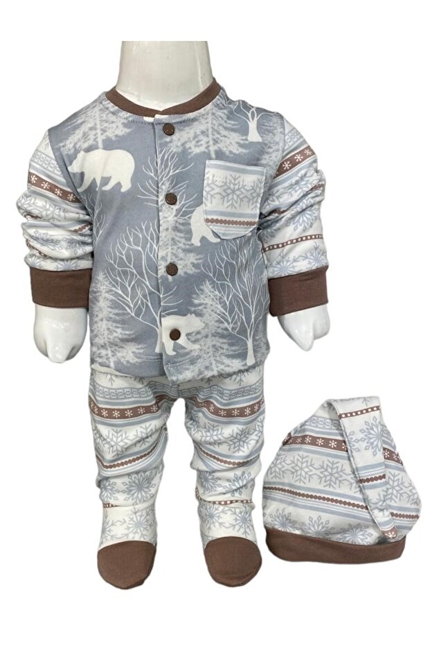 طقم أطفال مكون من 3 قطع منقوش على شكل ندفة الثلج مع الجزء السفلي والأعلى والقبعة والقدمين