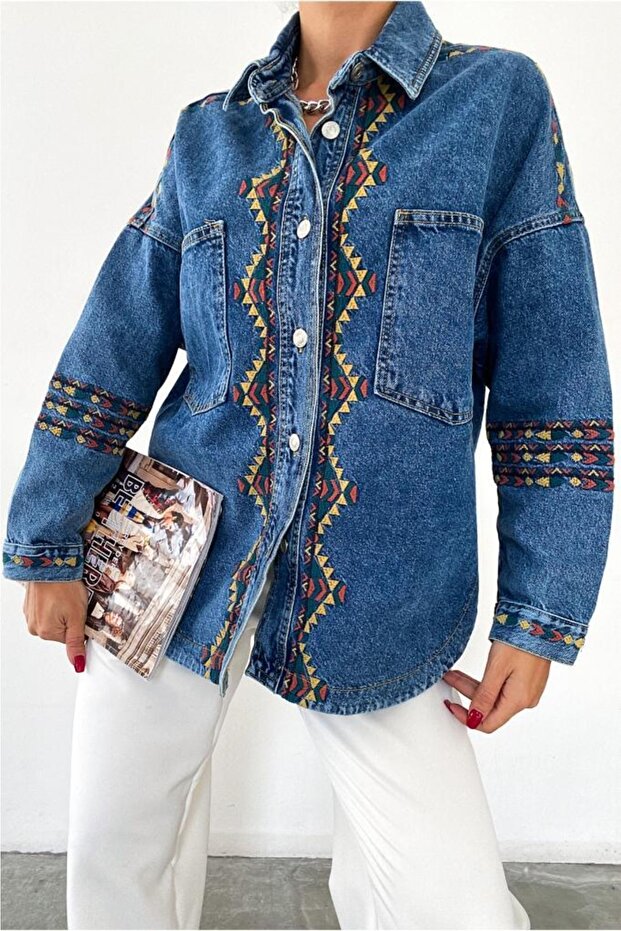 Women's Blue Denim Jeans Double Pocket Authentic Embroidery Embroidered Jacket