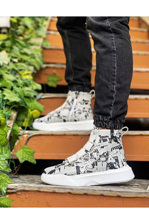 Black and White Printed Elastic High Sole Men's Sports Boots Ekz247mr21