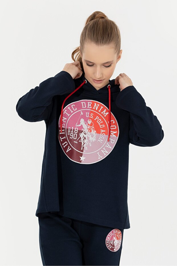 Hooded Collar Navy Blue Women's Sweatshirt Kebın