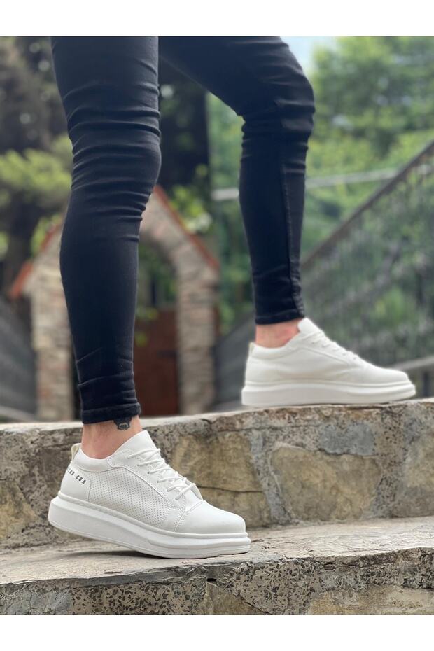Men's White Casual Lace-up Skin Comfortable Sneaker Flexible Thick Comfortable Sole Walking Shoes