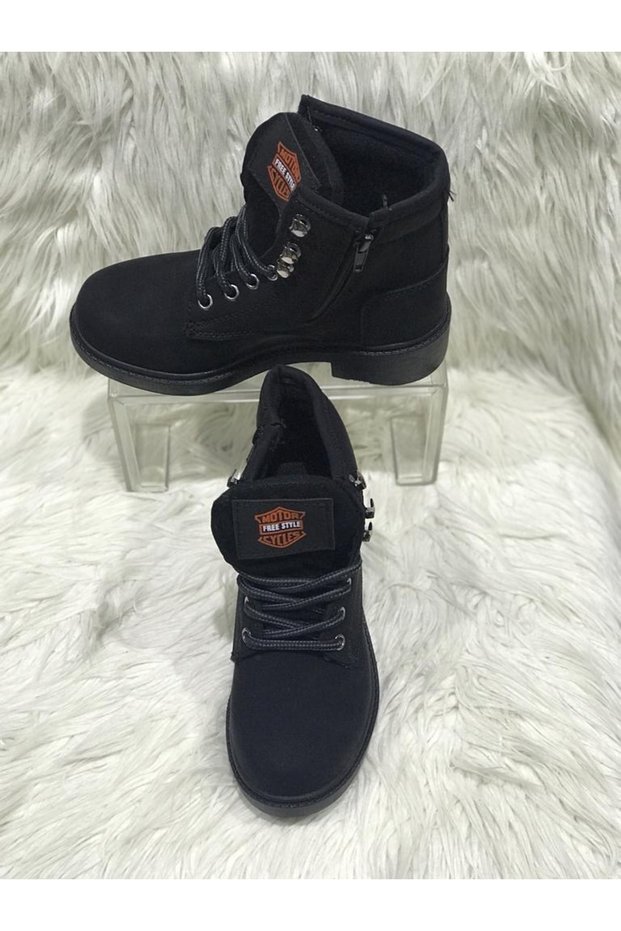 Black Material Fleece Outer Material Skin Leather Water and Cold Weather Resistant Children's Boots