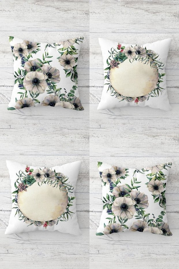 Flower Bouquet Patterned Hidden Zippered Throw Pillow Cover Sofa Pillow Cover Set (4 Pieces)