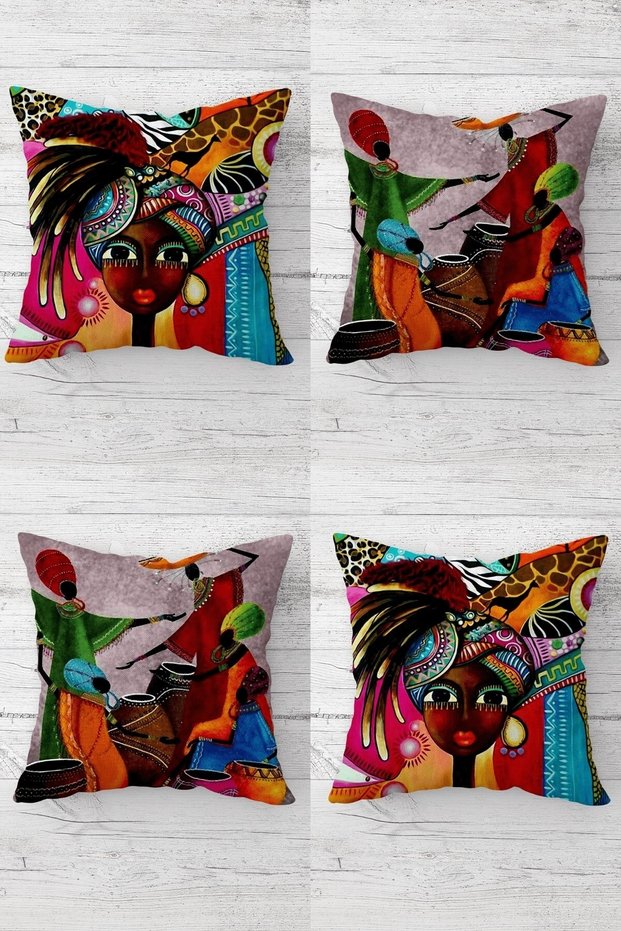 African Women Ethnic Bohemian Concealed Zippered Throw Pillow Cover Seat Pillow Case Set(4pcs)