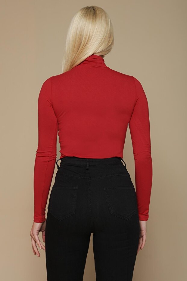Kadın Kırmızı Balıkçı Yaka Örme Bluz - 5