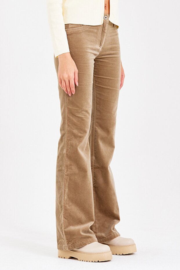 Vizon Flare Paça Düz Kadife Pantolon - 5