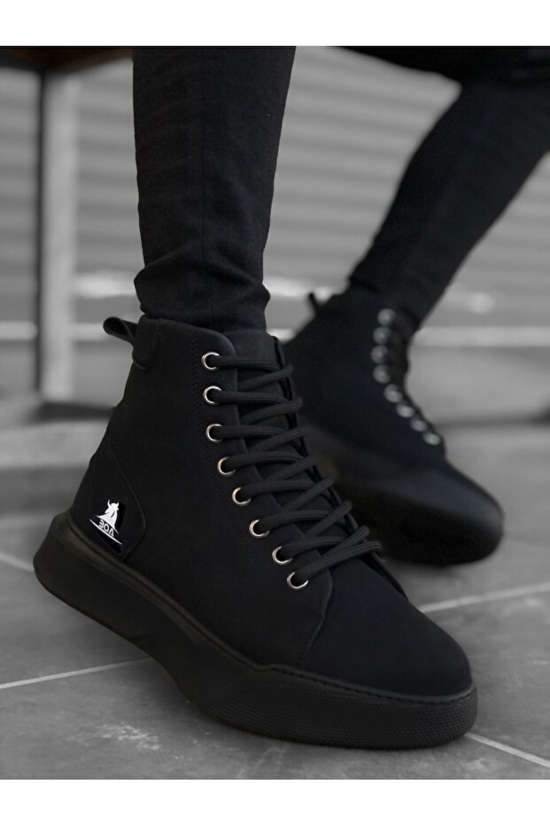 Men's Black High Thick Sole Casual Boots Durable Leather Does Not Cause Sweat Proof Postal Shoes