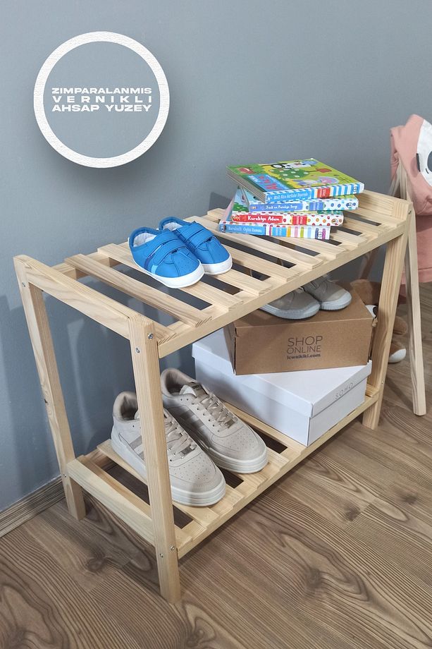 2 Katlı Ayakkabılık, Çok Amaçlı Ahşap Raf Ayakkabılık - 3