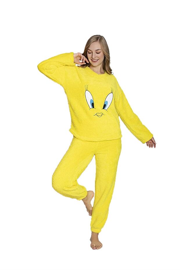 Yellow Bird Patterned Full Plush Warm Pajama Set