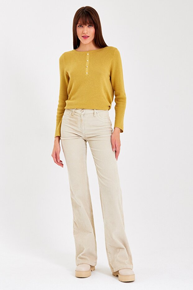 Ekru Flare Paça Kalın Fitilli Kadife Pantolon - 6