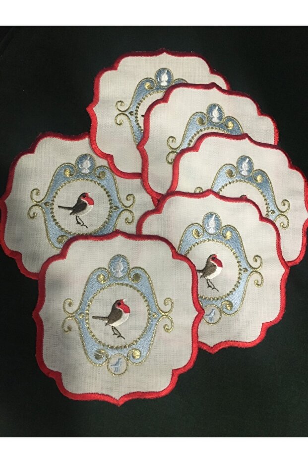 Bird Patterned Set of 6 Red Embroidered Cocktail Napkins