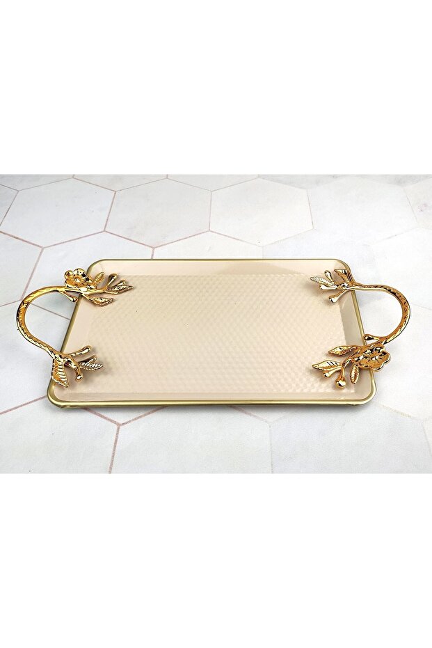 Pinkish Metal Gold Handled Tray Cream