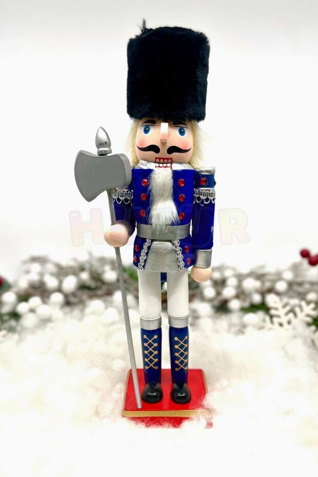 30 Cm Nutcracker with Axe, Navy Blue Colored Tin Soldier, Nutcracker in Velvet Clothing, Christmas Decoration