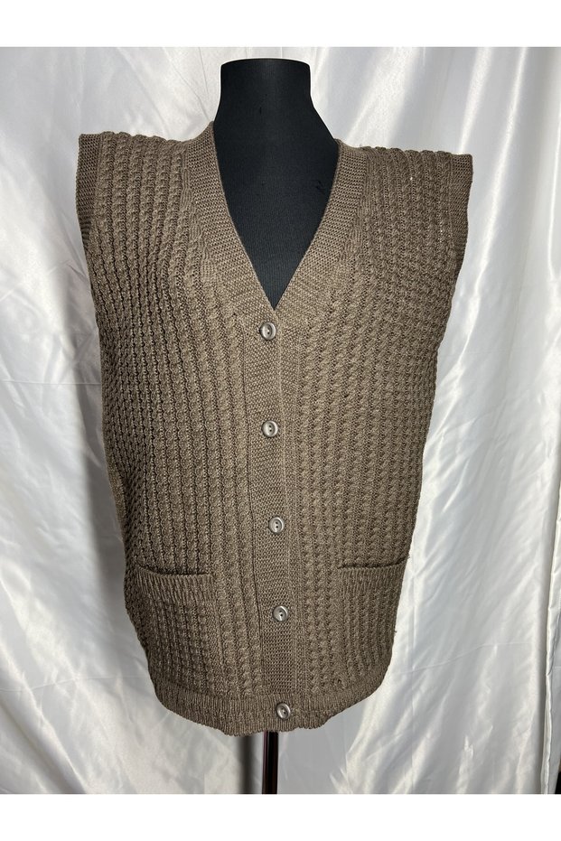 Women's V-Neck Thick Wool Hair Knitted Knitwear Buttoned Pocket Mother Vest
