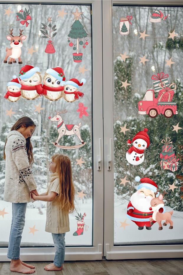 Cute Birds Santa Claus Stars And Christmas Ornaments Sticker Set