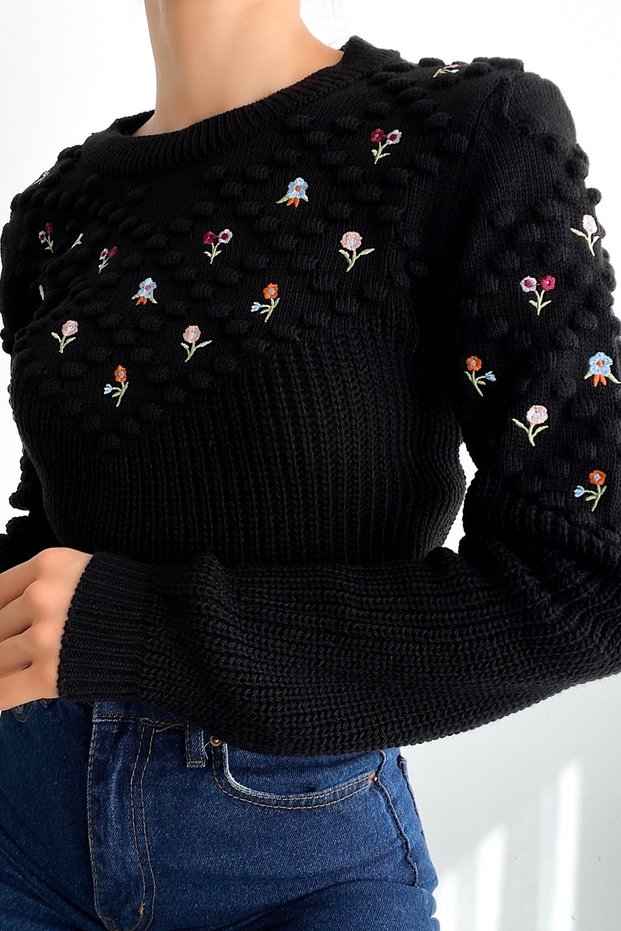 Women's Black Floral Embroidered Cotton Knitwear Sweater (Size S and M Compatible)