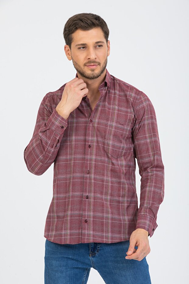 Men's Burgundy Long Sleeve Checkered Pocket Collar Buttoned Shirt