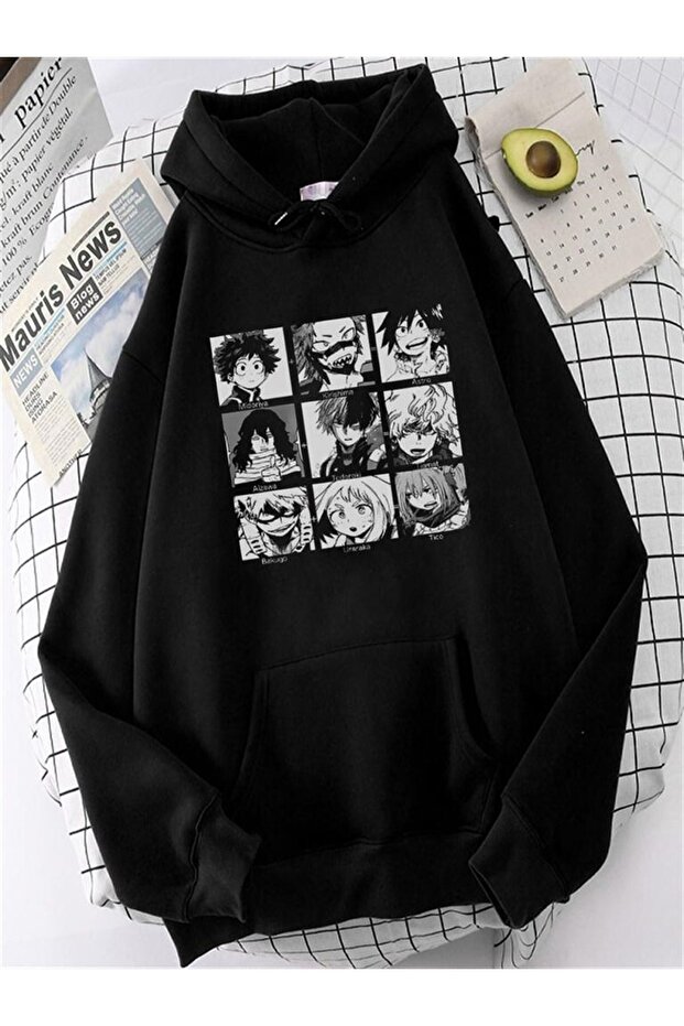 My Hero Academia Collage Black 100% Cotton Long Sleeve Hooded Sweetshirt
