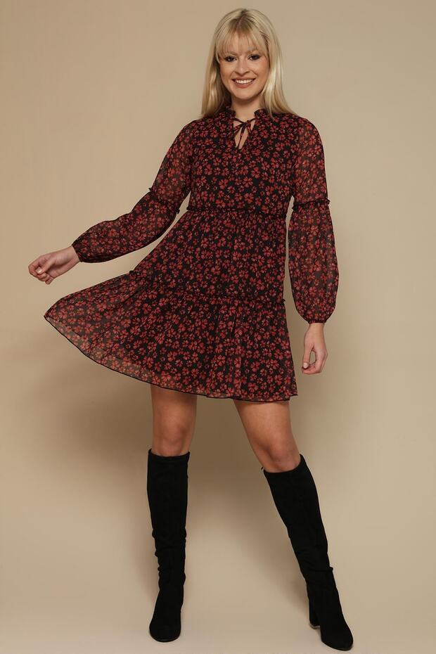 Women's Red Floral Balloon Sleeve Chiffon Dress