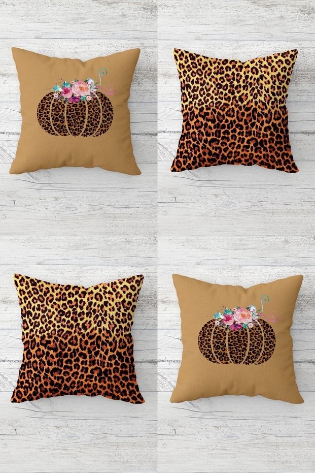 Pumpkin And Leopard Hallowen Pattern Hidden Zippered Throw Pillow Cover Sofa Pillow Cover Set(4pcs)