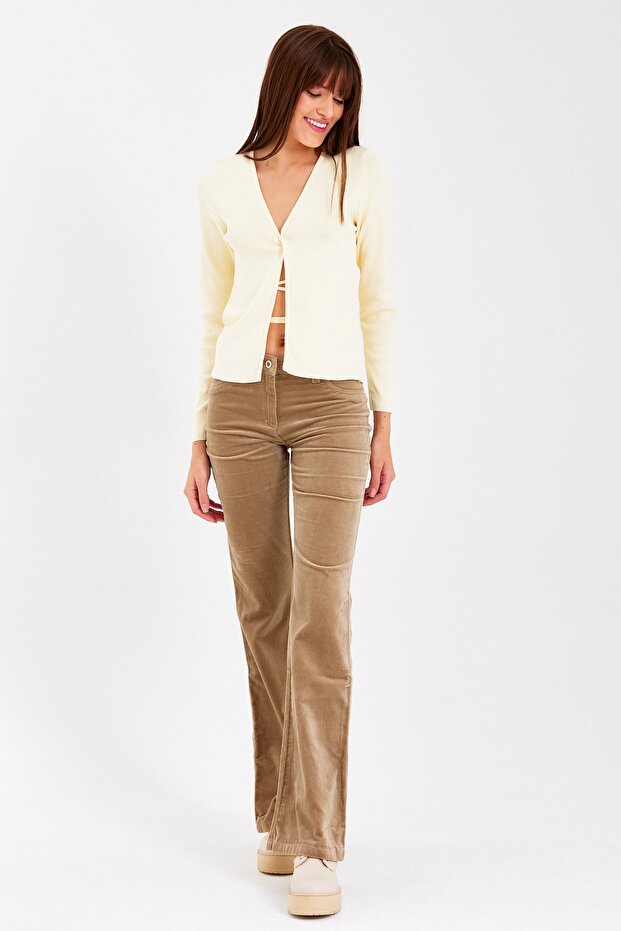 Vizon Flare Paça Düz Kadife Pantolon - 6