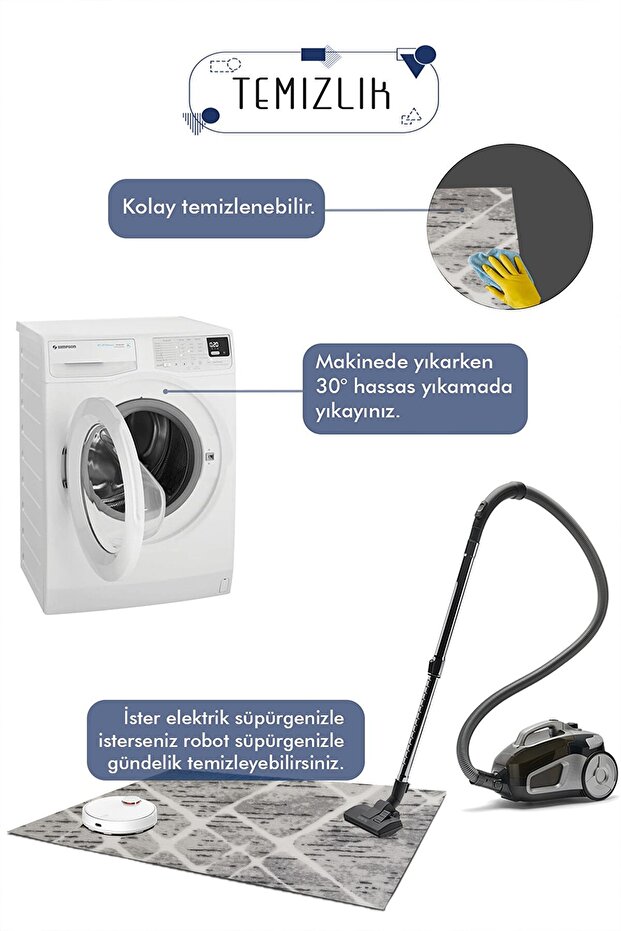 Kaymaz Tabanlı Makinede Yıkanır Mutfak Halısı Gri - 7