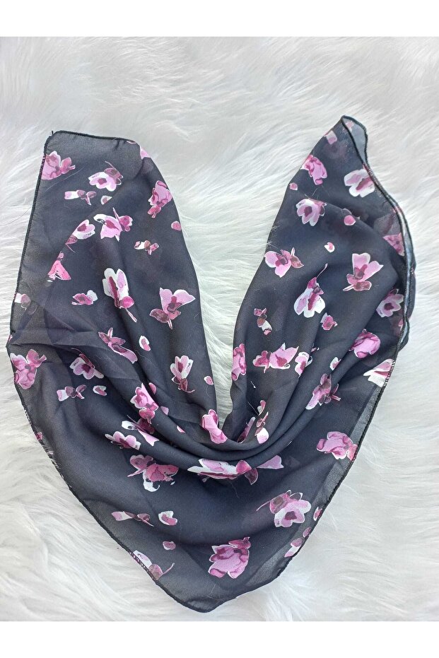 Design Black Floral Patterned Chiffon Scarf