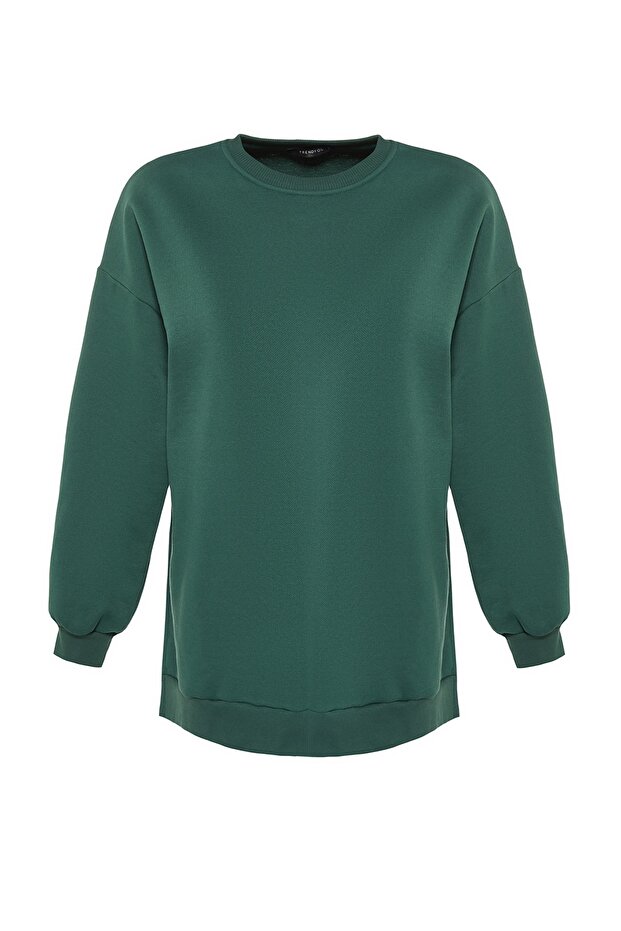 Zielona bluza oversize/z szerokim rozcięciem, szczegółowa, gruba polarowa bluza z dzianiny TWOAW23SW00195 - 6