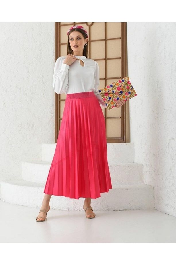 Pembe Deri Görünümlü Piliseli Etek - 3