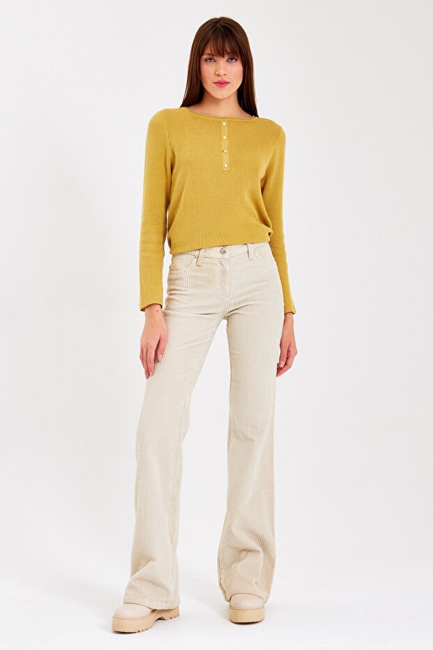 Ekru Flare Paça Kalın Fitilli Kadife Pantolon - 1