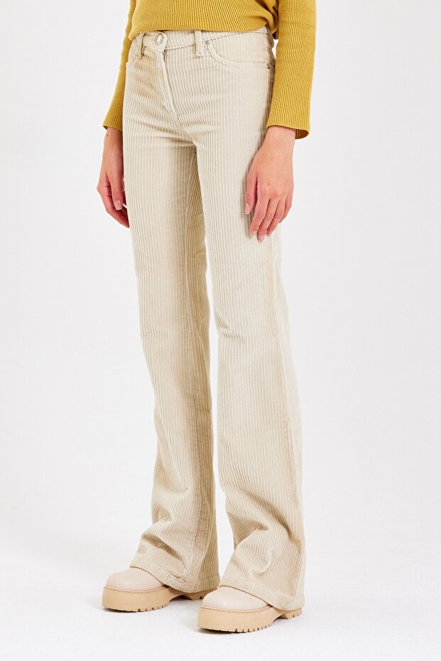 Ekru Flare Paça Kalın Fitilli Kadife Pantolon - 5
