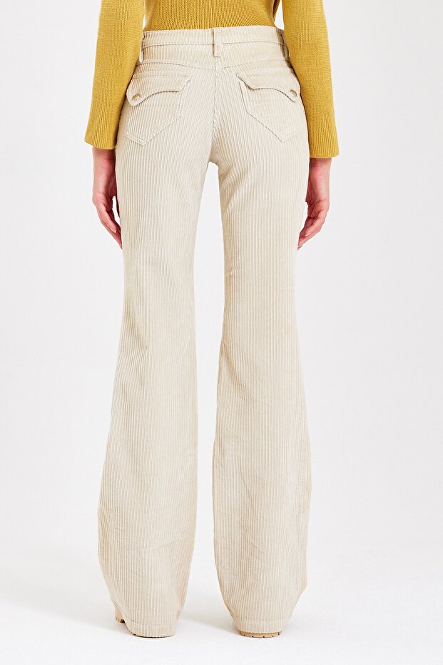 Ekru Flare Paça Kalın Fitilli Kadife Pantolon - 7