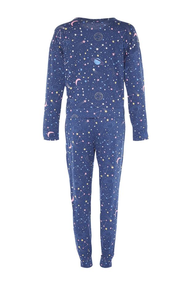 Lacivert %100 Pamuklu Galaksi Desenli Örme Pijama Takımı THMAW21PT0794 - 9