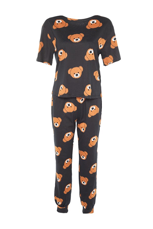 Kadın Couple/Çift Siyah %100 Pamuklu Ayıcıklı Örme Pijama Takımı THMSS21PT0195 - 7