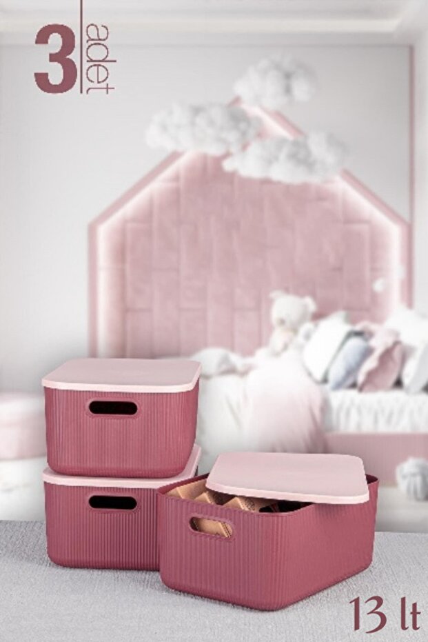 Lova Shell 3'lü 13lt Lila Dekoratif Çok Amaçlı Saklama Kutusu Düzenleyici Set (STORAGE BOX) - 1