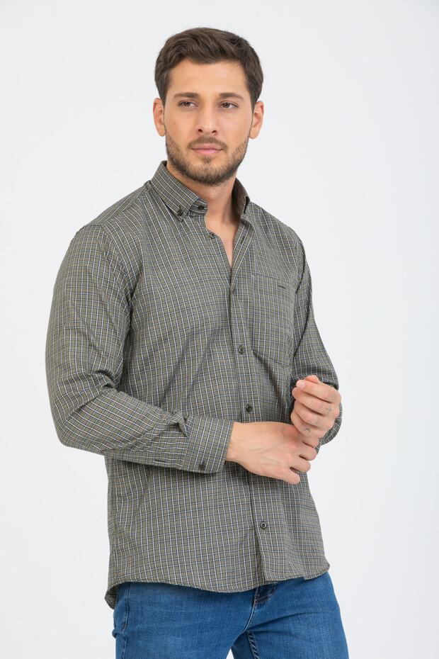 Men's Khaki Checkered Long Sleeve Pocket Collar Buttoned Men's Shirt