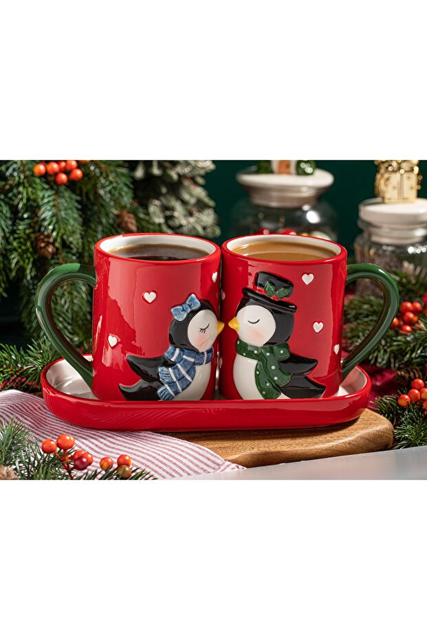 Lovely Penguins Dolomite 2-Piece Mug 400 Ml Red