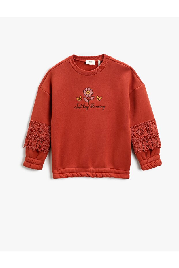 Lace Detailed Floral Printed Sweatshirt with Raised Cuffs and Elastic Waist