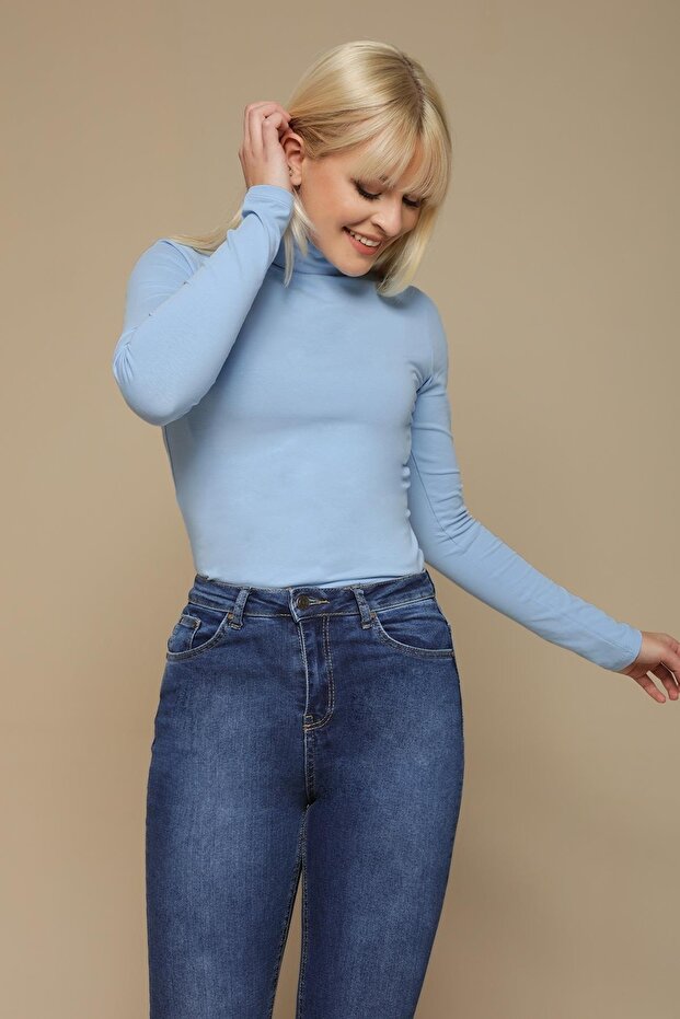 Kadın Açık Mavi Balıkçı Yaka Örme Bluz - 3