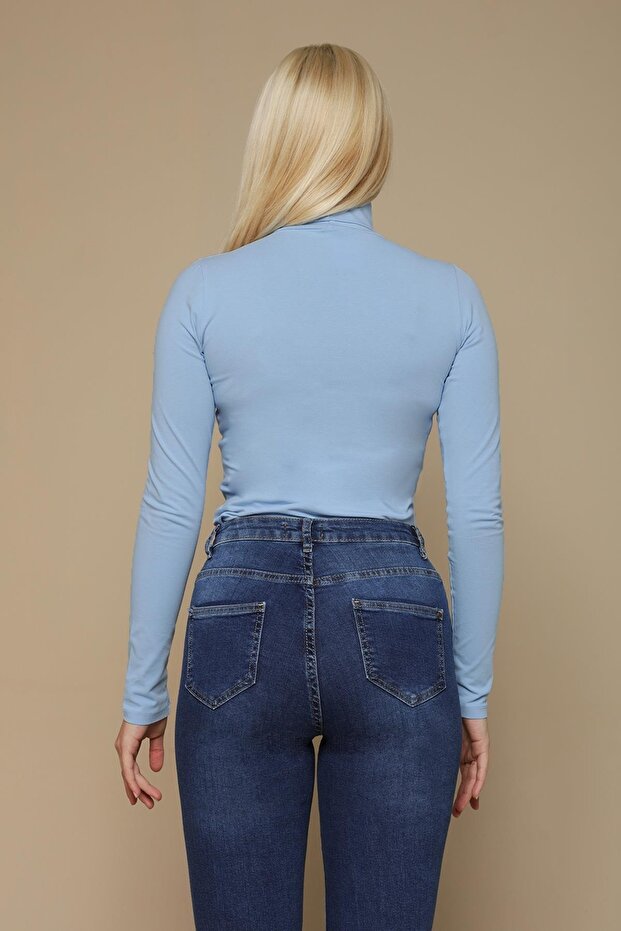 Kadın Açık Mavi Balıkçı Yaka Örme Bluz - 4